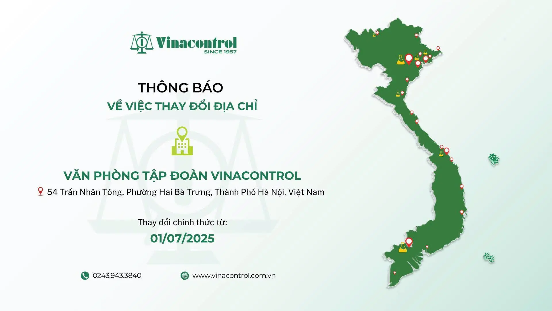 Thông báo thay đổi địa chỉ Văn phòng Tập đoàn Vinacontrol